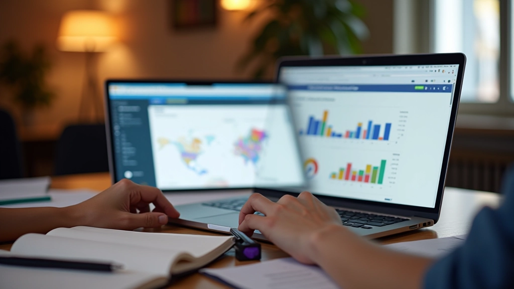 Ordinateur portable affichant un tableau de bord de gestion immobilière avec graphiques et statistiques