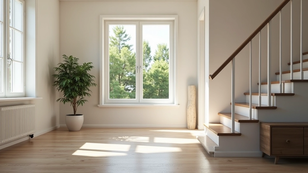 Escaliers modernes d'une maison avec rampe en bois, intérieur lumineux et bien aménagé