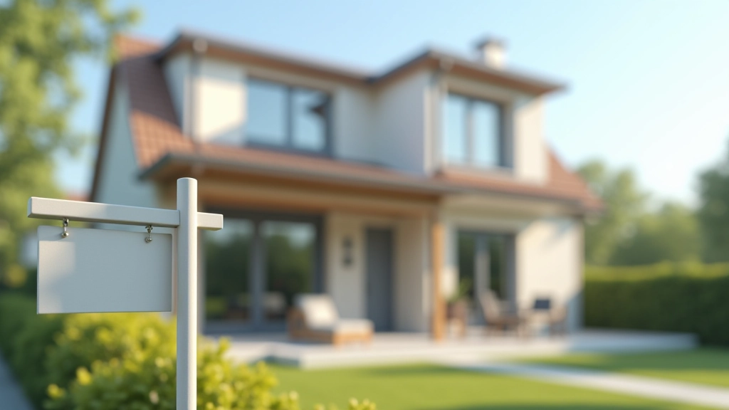 Maison moderne avec panneau à vendre devant, architecture contemporaine, ciel dégagé