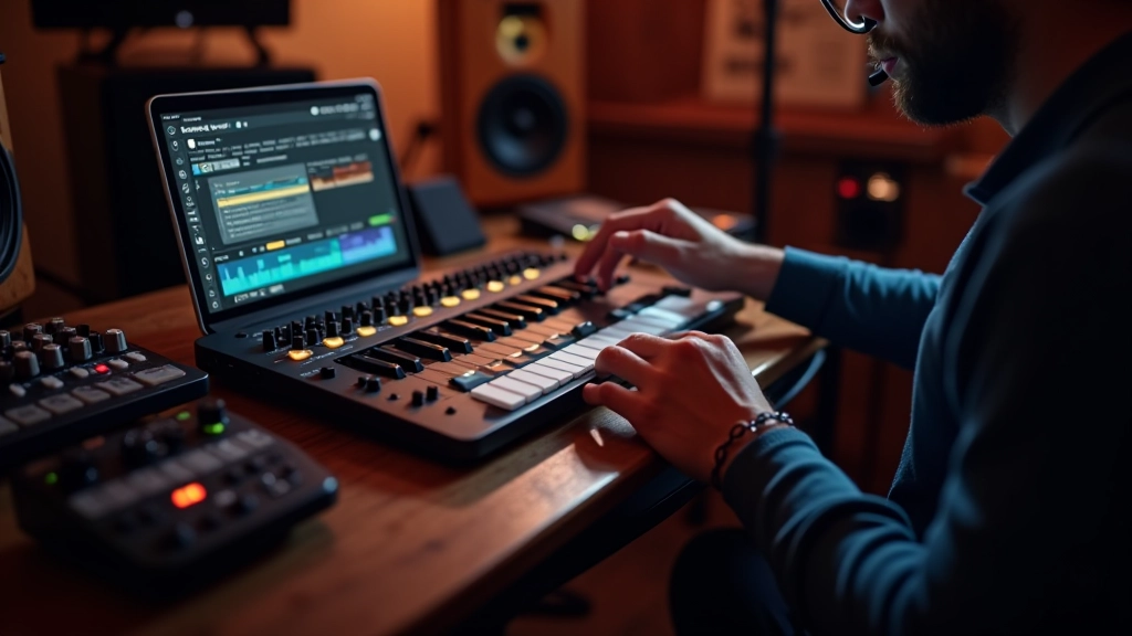 Mains de musicien utilisant une tablette tactile pour contrôler une interface de production musicale