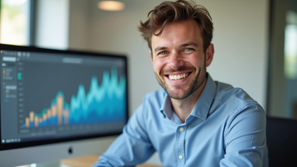 Créateur de contenu célébrant ses succès avec des graphiques de trafic en croissance affichés